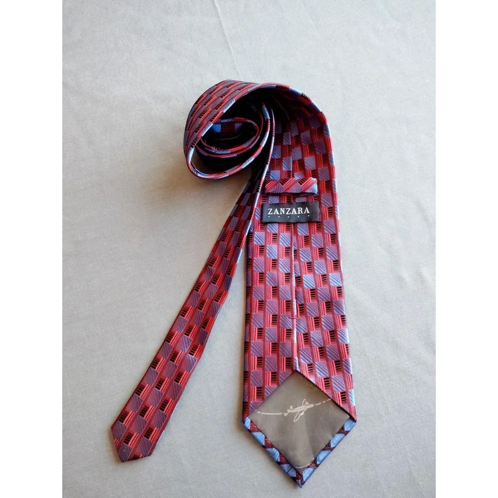 Zanzara Handmade Burgundy Blue Geometric 100% Silk Neck Tie 57